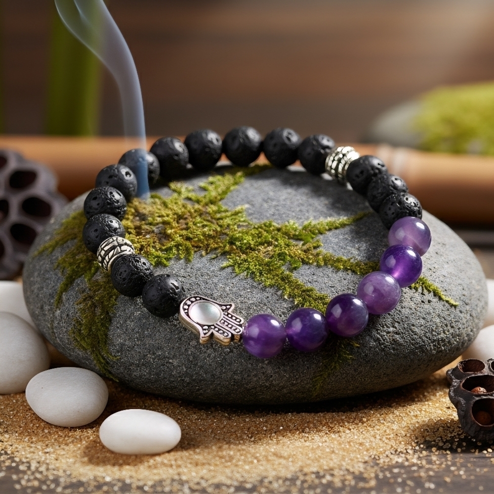 Amethyst Volcanic Lava Rock Hamsa Charm Stretch Bracelet Handmade Boho Jewelry